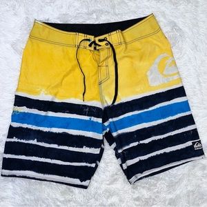 QUIKSILVER Kelly Slater Men’s Yellow Blue Striped Swim Board Shorts 36